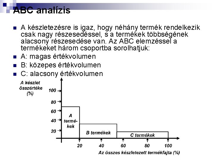 ABC analízis n n A készletezésre is igaz, hogy néhány termék rendelkezik csak nagy