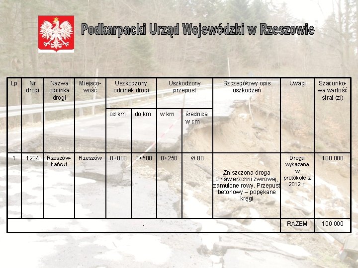  Lp 1 Nr drogi 1234 Nazwa odcinka drogi RzeszówŁańcut Miejscowość Rzeszów Uszkodzony odcinek