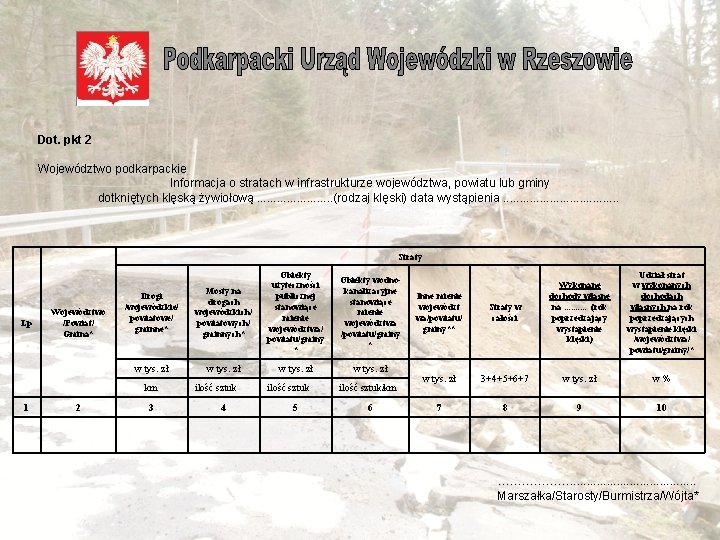  Dot. pkt 2 Województwo podkarpackie Informacja o stratach w infrastrukturze województwa, powiatu lub