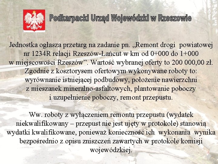  Jednostka ogłasza przetarg na zadanie pn. „Remont drogi powiatowej nr 1234 R relacji