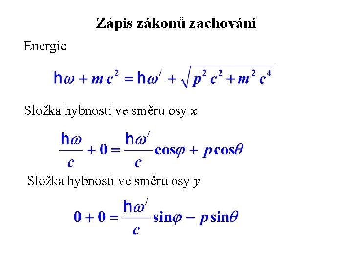 Zápis zákonů zachování Energie Složka hybnosti ve směru osy x Složka hybnosti ve směru