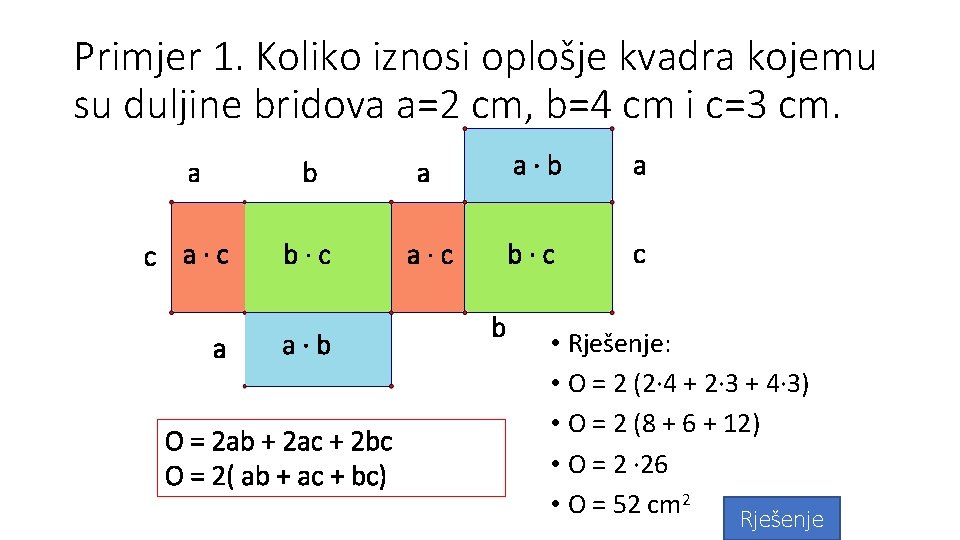 Primjer 1. Koliko iznosi oplošje kvadra kojemu su duljine bridova a=2 cm, b=4 cm