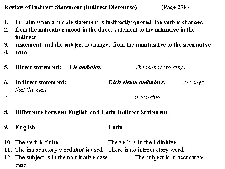 Review of Indirect Statement (Indirect Discourse) 1. 2. (Page 278) 3. 4. In Latin