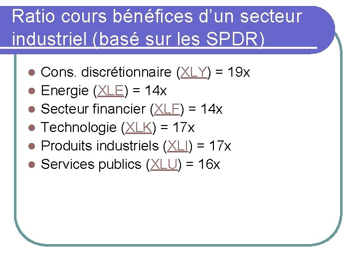Ratio cours bénéfices d’un secteur industriel (basé sur les SPDR) l l l Cons.