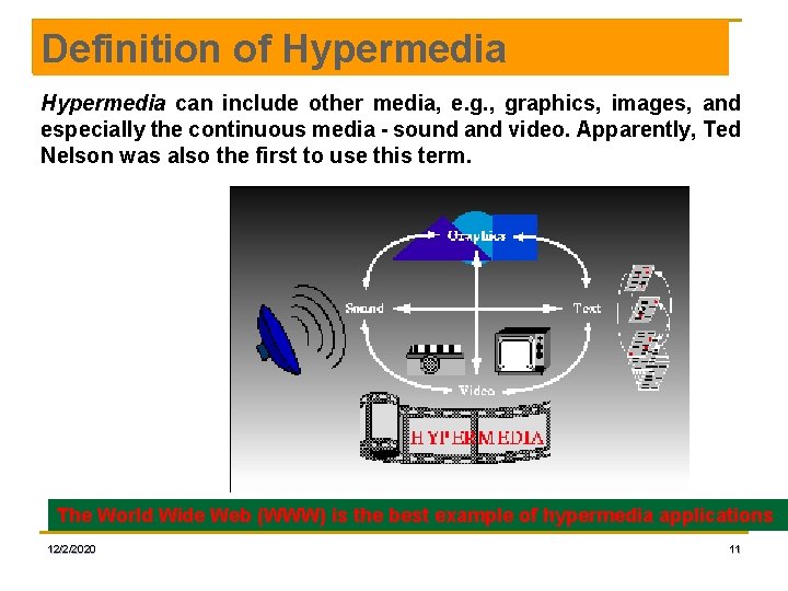 Definition of Hypermedia can include other media, e. g. , graphics, images, and especially