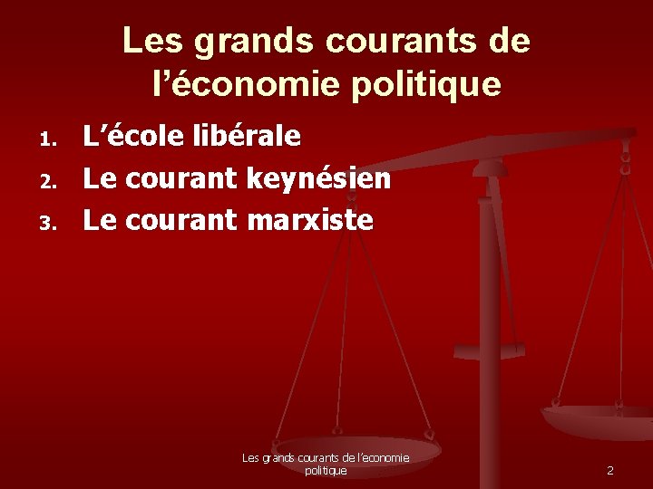 Les grands courants de l’économie politique 1. 2. 3. L’école libérale Le courant keynésien