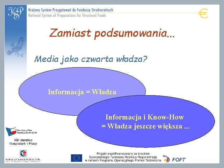 Zamiast podsumowania. . . Media jako czwarta władza? Informacja = Władza Informacja i Know-How