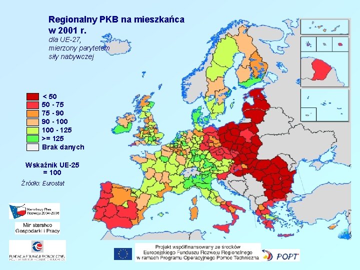 Regionalny PKB na mieszkańca w 2001 r. dla UE-27, mierzony parytetem siły nabywczej <