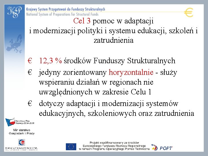 Cel 3 pomoc w adaptacji i modernizacji polityki i systemu edukacji, szkoleń i zatrudnienia Cel 3 pomoc w adaptacji i modernizacji polityki i systemu edukacji, szkoleń i zatrudnienia