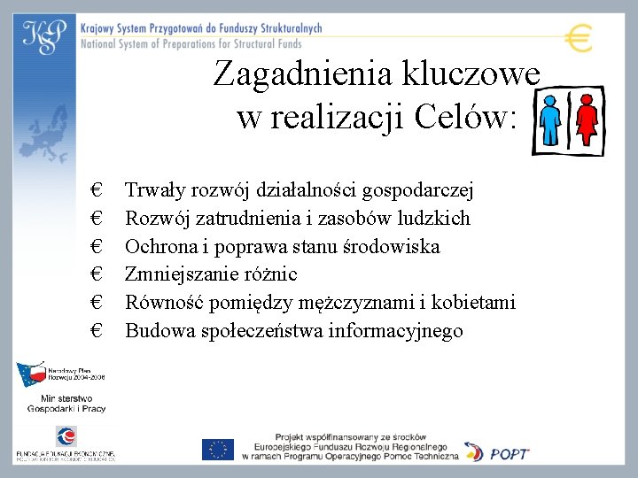 Zagadnienia kluczowe w realizacji Celów: € € € Trwały rozwój działalności gospodarczej Rozwój zatrudnienia