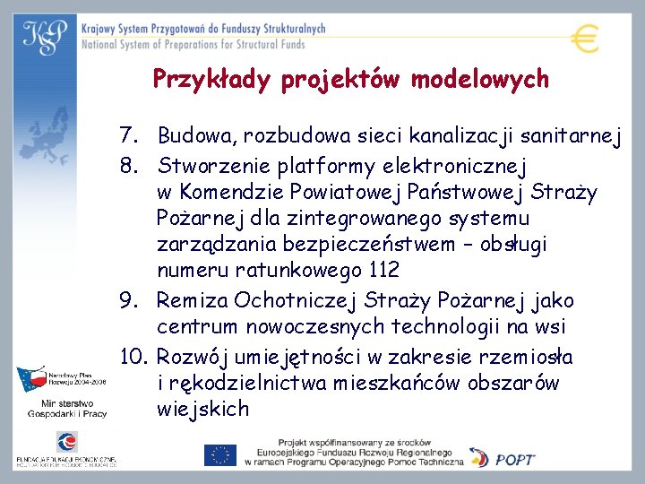 Przykłady projektów modelowych 7. Budowa, rozbudowa sieci kanalizacji sanitarnej 8. Stworzenie platformy elektronicznej w