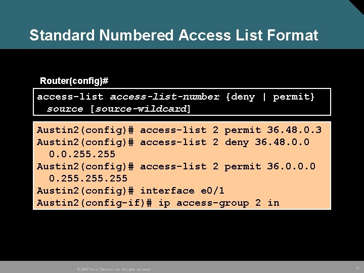 Standard Numbered Access List Format Router(config)# access-list-number {deny | permit} source [source-wildcard] Austin 2(config)#