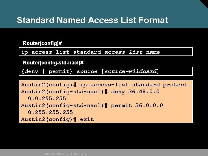 Standard Named Access List Format Router(config)# ip access-list standard access-list-name Router(config-std-nacl)# {deny | permit}