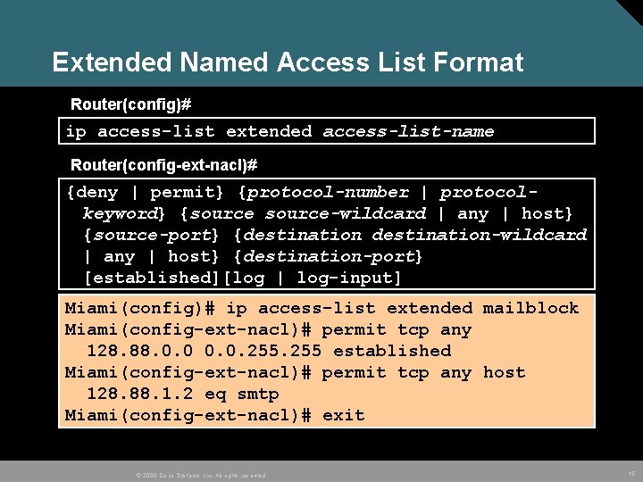 Extended Named Access List Format Router(config)# ip access-list extended access-list-name Router(config-ext-nacl)# {deny | permit}