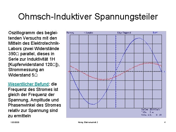 Ohmsch-Induktiver Spannungsteiler Oszillogramm des begleitenden Versuchs mit den Mitteln des Elektrotechnik. Labors (zwei Widerstände