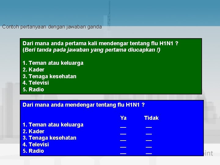 Contoh pertanyaan dengan jawaban ganda Dari mana anda pertama kali mendengar tentang flu H