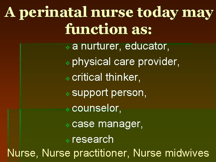 A perinatal nurse today may function as: a nurturer, educator, v physical care provider,