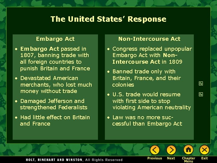 The United States’ Response Embargo Act • Embargo Act passed in 1807, banning trade