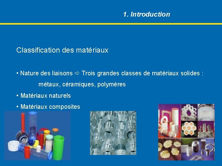 3 Les grandes classes de matériaux 1. Introduction Classification des matériaux • Nature des