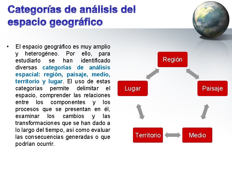 Categorías de análisis del espacio geográfico • El espacio geográfico es muy amplio y