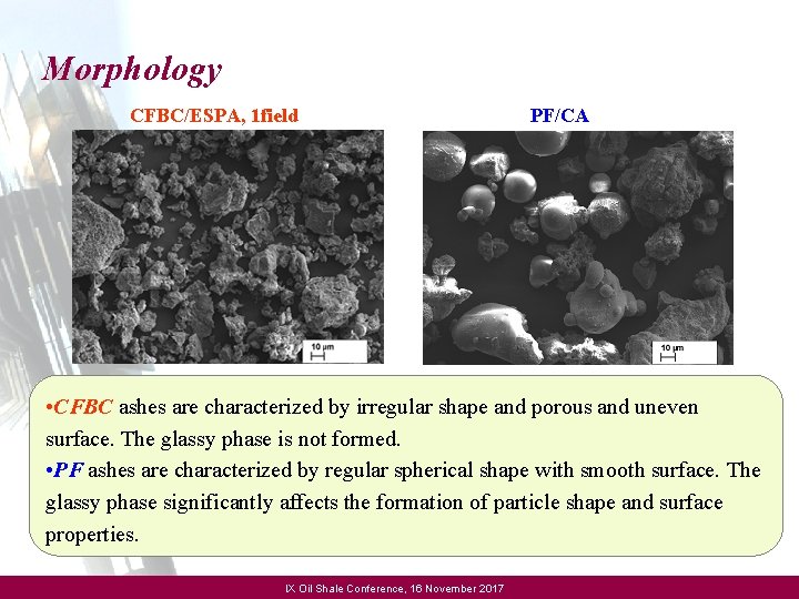 Morphology CFBC/ESPA, 1 field PF/CA • CFBC ashes are characterized by irregular shape and