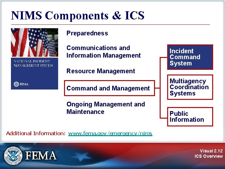 NIMS Components & ICS Preparedness Communications and Information Management Incident Command System Resource Management