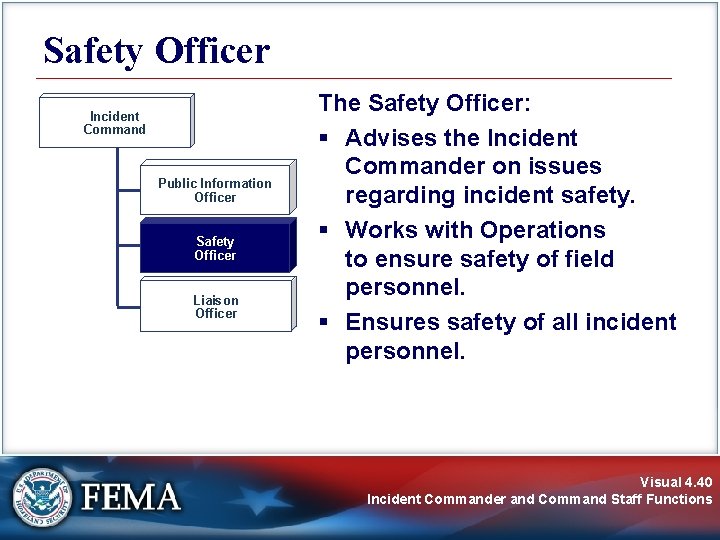 Safety Officer Incident Command Public Information Officer Safety Officer Liaison Officer The Safety Officer: