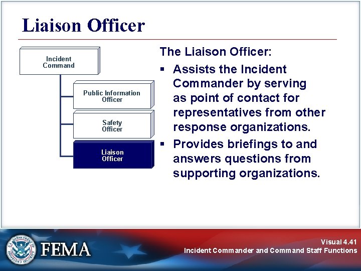 Liaison Officer Incident Command Public Information Officer Safety Officer Liaison Officer The Liaison Officer: