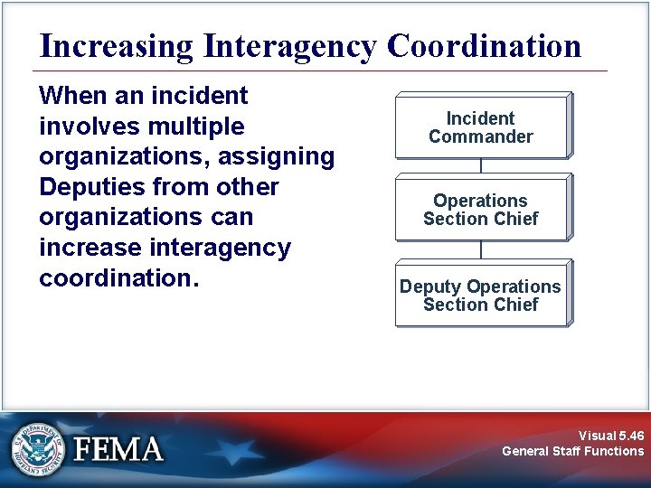 Increasing Interagency Coordination When an incident involves multiple organizations, assigning Deputies from other organizations