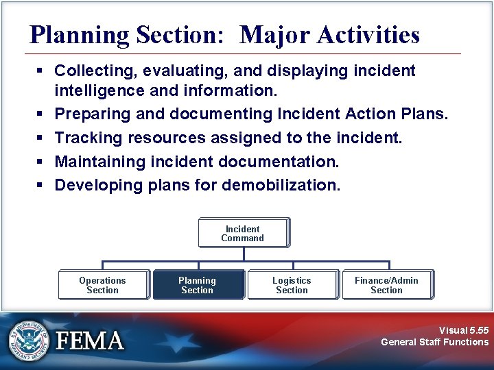 Planning Section: Major Activities § Collecting, evaluating, and displaying incident intelligence and information. §