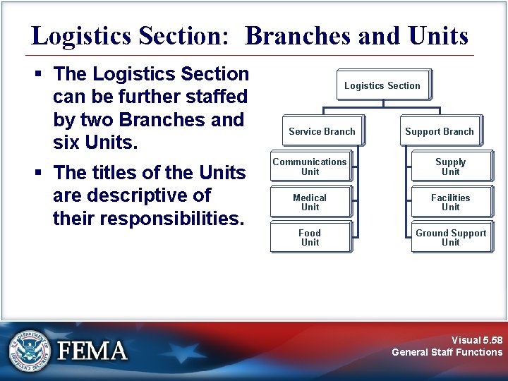 Logistics Section: Branches and Units § The Logistics Section can be further staffed by