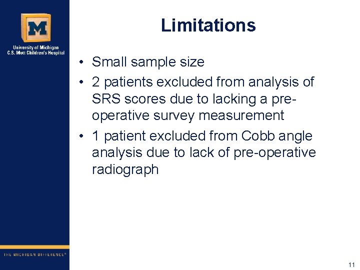 Limitations • Small sample size • 2 patients excluded from analysis of SRS scores
