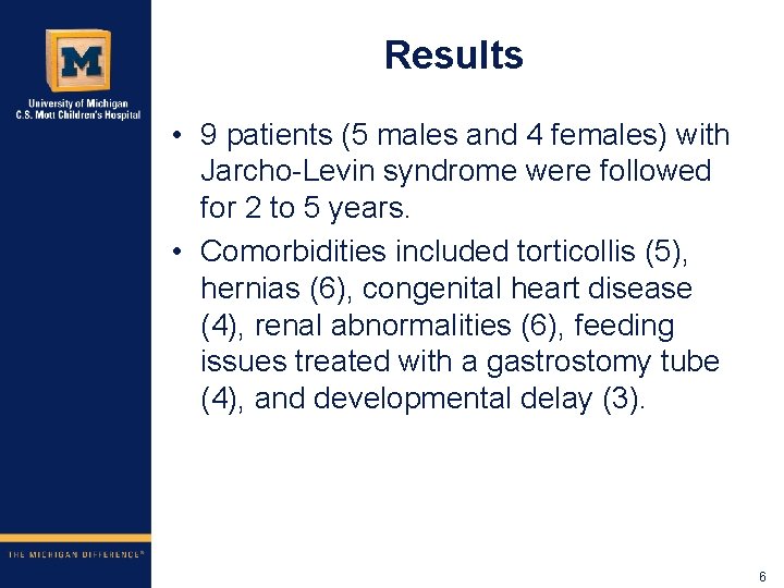 Results • 9 patients (5 males and 4 females) with Jarcho-Levin syndrome were followed