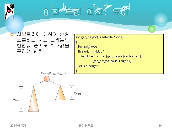 이진 트리 연산: 높이 ¢ 서브트리에 대하여 순환 호출하고 서브 트리들의 반환값 중에서 최대값을