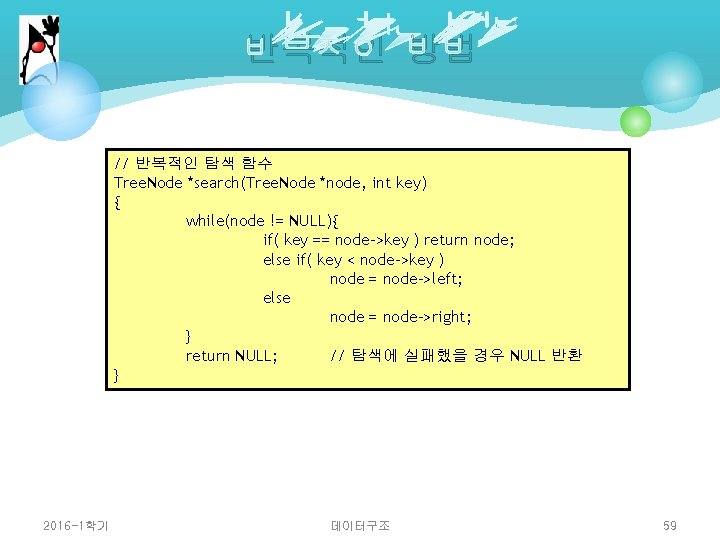 반복적인 방법 // 반복적인 탐색 함수 Tree. Node *search(Tree. Node *node, int key) {