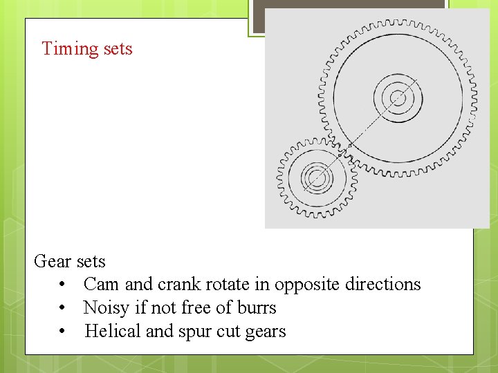 Timing sets Gear sets • Cam and crank rotate in opposite directions • Noisy