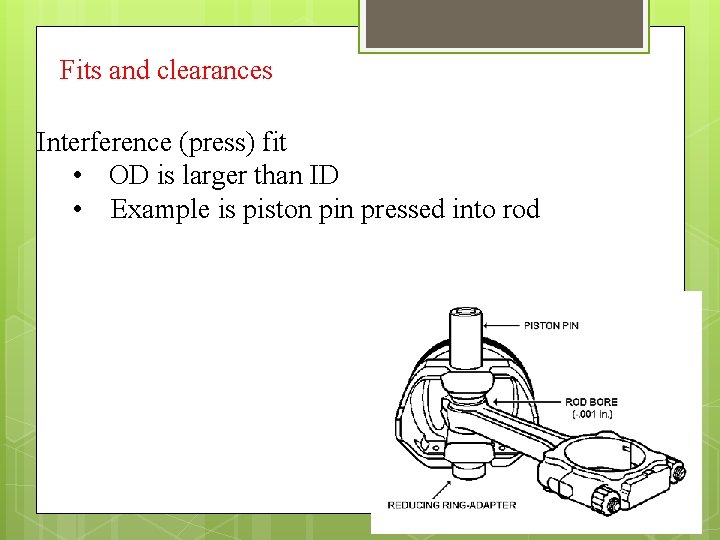 Fits and clearances Interference (press) fit • OD is larger than ID • Example