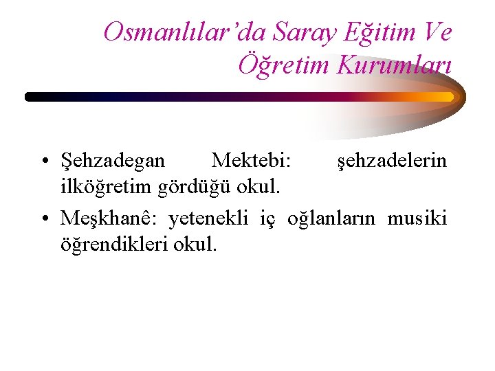 Osmanlılar’da Saray Eğitim Ve Öğretim Kurumları • Şehzadegan Mektebi: şehzadelerin ilköğretim gördüğü okul. •