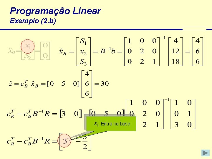 Programação Linear Exemplo (2. b) Entra na base 