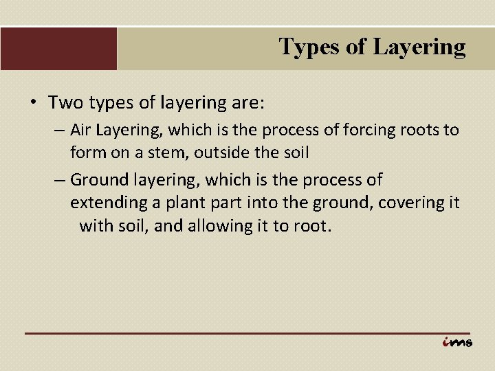 Types of Layering • Two types of layering are: – Air Layering, which is