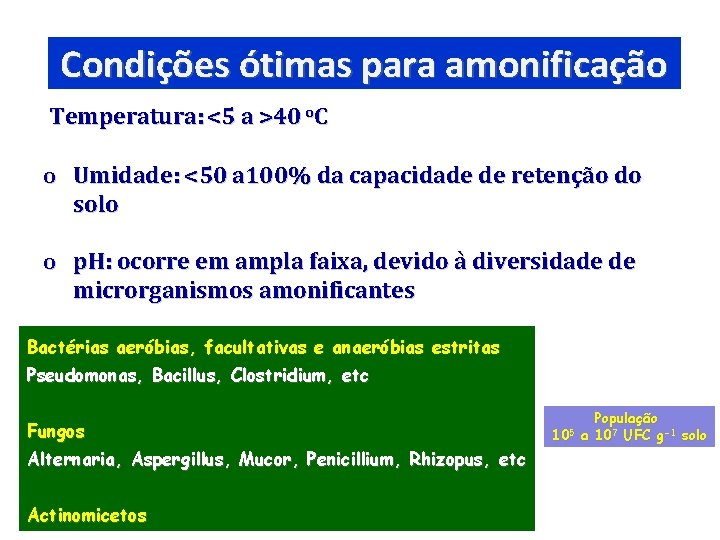 Condições ótimas para amonificação Temperatura: <5 a >40 o. C o Umidade: <50 a