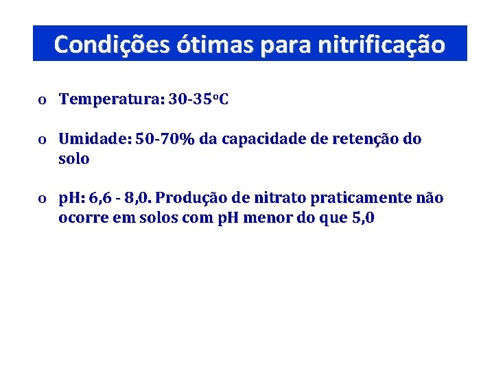 Condições ótimas para nitrificação o Temperatura: 30 -35 o. C o Umidade: 50 -70%