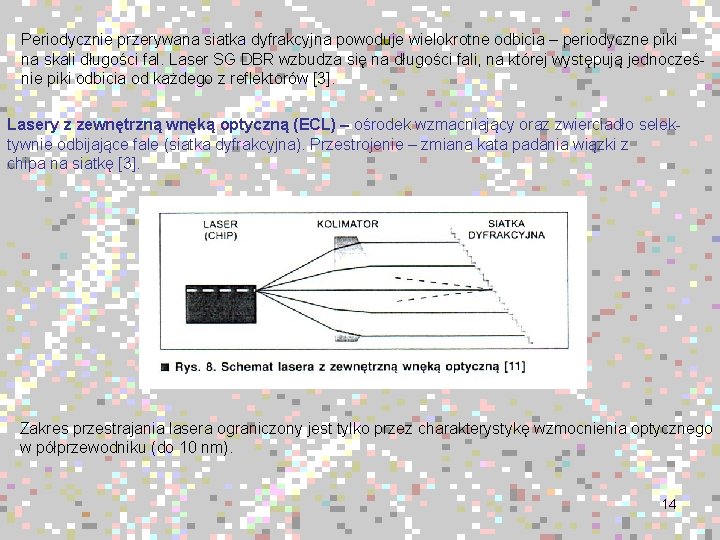 Periodycznie przerywana siatka dyfrakcyjna powoduje wielokrotne odbicia – periodyczne piki na skali długości fal.