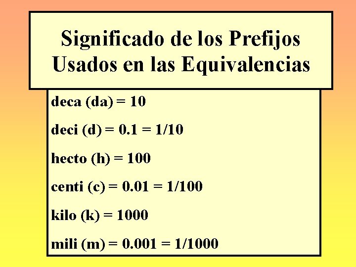 Significado de los Prefijos Usados en las Equivalencias deca (da) = 10 deci (d)