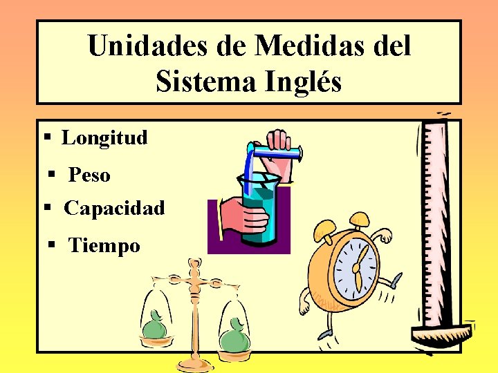 Unidades de Medidas del Sistema Inglés § Longitud § Peso § Capacidad § Tiempo