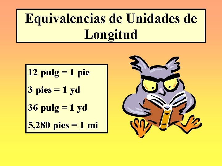 Equivalencias de Unidades de Longitud 12 pulg = 1 pie 3 pies = 1