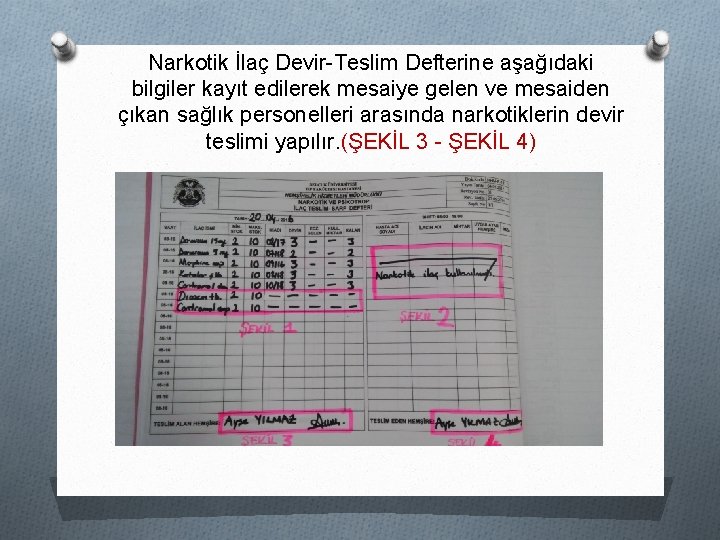 Narkotik İlaç Devir-Teslim Defterine aşağıdaki bilgiler kayıt edilerek mesaiye gelen ve mesaiden çıkan sağlık Narkotik İlaç Devir-Teslim Defterine aşağıdaki bilgiler kayıt edilerek mesaiye gelen ve mesaiden çıkan sağlık