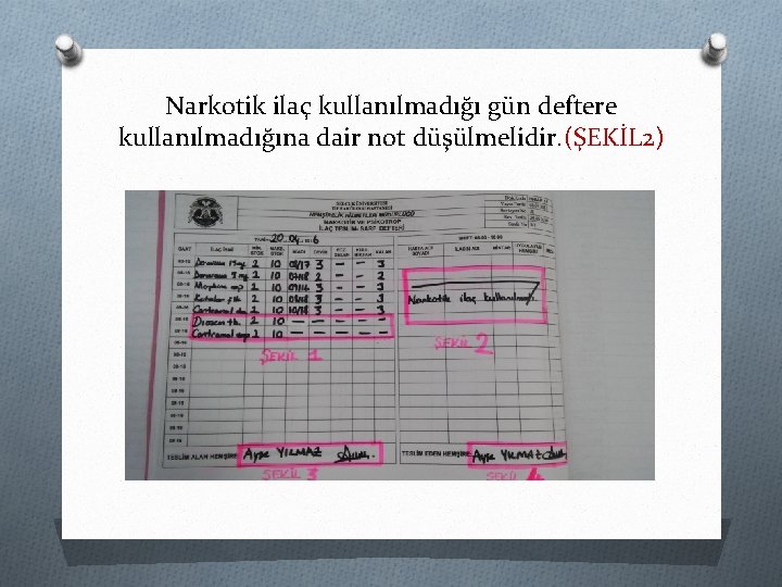 Narkotik ilaç kullanılmadığı gün deftere kullanılmadığına dair not düşülmelidir. (ŞEKİL 2) 