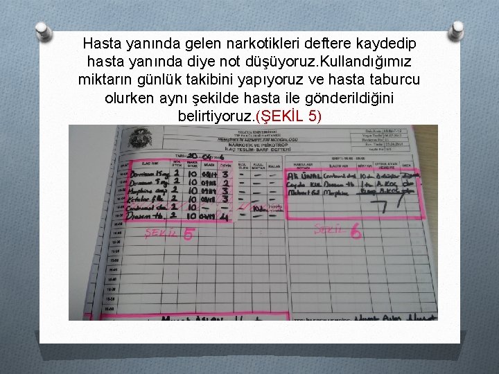 Hasta yanında gelen narkotikleri deftere kaydedip hasta yanında diye not düşüyoruz. Kullandığımız miktarın günlük