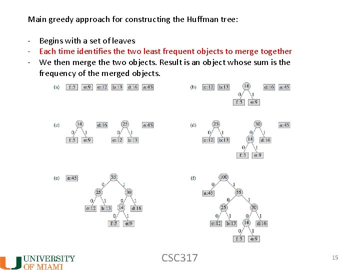 Main greedy approach for constructing the Huffman tree: - Begins with a set of